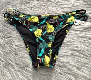 Victoria's Secret Swim Black Tropical Strappy Brazilian Bikini Bottom Large L